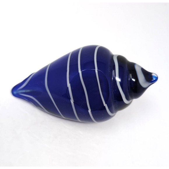 Art Glass Spiral Cobalt Blue/White Sea Shell Seashell Paperweight Flat Bottom - Picture 6 of 9